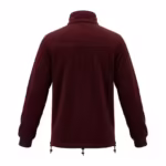 Back view of the burgundy polar fleece jacket with a shoulder yoke seam, the stand collar seen from behind, ribbed cuffs and a drawcord hem