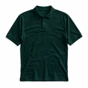 Men's classic polo shirt in forest green cotton pique with flat knitted collar, two-button placket and ribbed sleeve cuffs, full front view