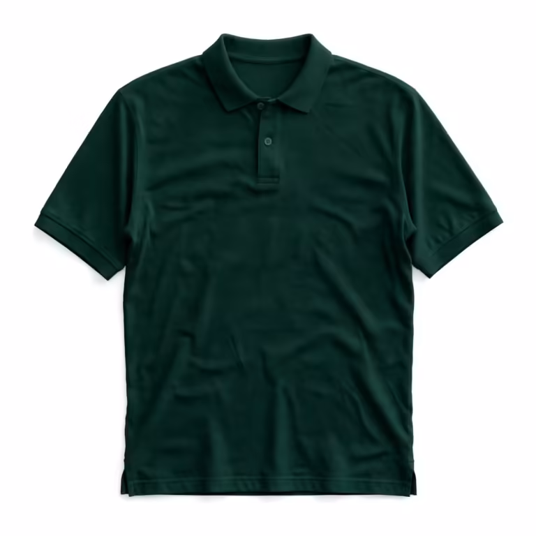 Men's classic polo shirt in forest green cotton pique with flat knitted collar, two-button placket and ribbed sleeve cuffs, full front view