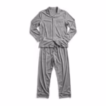 Men's grey marl two-piece pyjama set laid as one outfit: a long-sleeve button-front top with a notched collar, matte buttons and a chest pocket over matching long pants with a drawstring waist