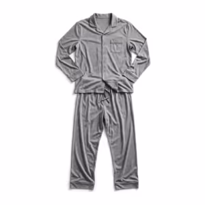 Men's grey marl two-piece pyjama set in cotton jersey, full front view laid as one outfit: a long-sleeve top with a notched collar, button front with matte buttons and a chest pocket, over matching full-length pants with a drawstring waist