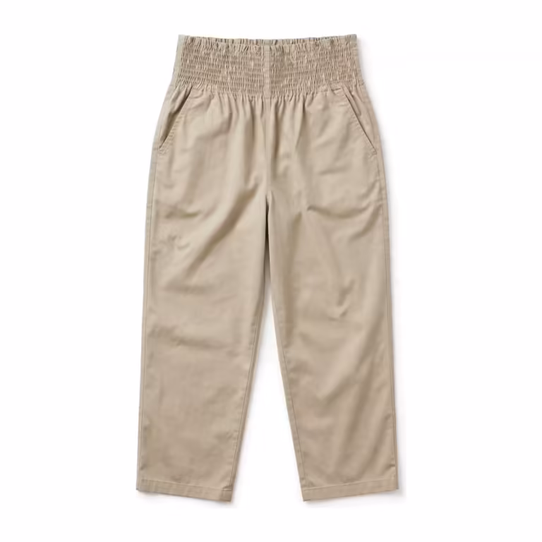 Ladies smocked waistband pants in stone beige cotton poplin, full front view with a deep shirred elastic waistband, side seam pockets and straight legs