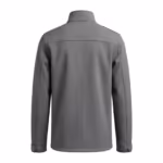 Back view of the grey softshell work jacket with shoulder yoke, centre seam and adjustable tab cuffs