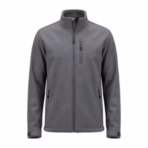 Softshell work jacket in grey bonded fleece-backed cloth, full front view with stand collar, front zip, zipped chest pocket and two zipped hand pockets