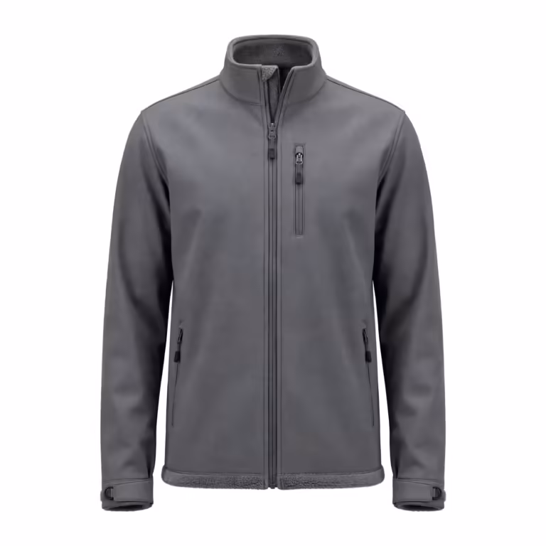 Softshell work jacket in grey bonded fleece-backed cloth, full front view with stand collar, front zip, zipped chest pocket and two zipped hand pockets