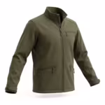 Softshell work jacket in olive bonded cloth, three-quarter angle view showing the front zip, zipped chest pocket and tab cuffs
