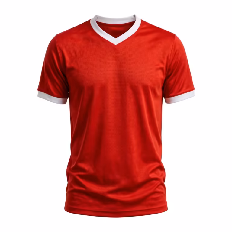 Men's soccer jersey in red polyester eyelet mesh, full front view with short sleeves, white ribbed V-neck collar and white sleeve cuffs, plain blank chest