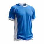 Men's team soccer jersey in sky blue polyester eyelet mesh, three-quarter angle view with short raglan sleeves, white side panel, white ribbed crew collar and white sleeve cuffs, plain blank chest