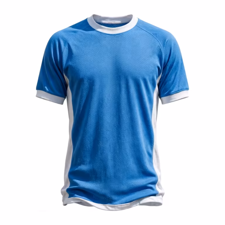 Men's team soccer jersey in sky blue polyester eyelet mesh, full front view with short sleeves, white side panels, white ribbed crew collar and white sleeve cuffs, plain blank chest