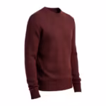 Men's crew neck sweater in burgundy heathered knitted yarn, three-quarter angle view of the same plain stocking-stitch sweater as the front view, with a ribbed crew neckband, set-in sleeves, ribbed cuffs and a ribbed hem knitted into the garment