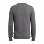 Men's crew neck sweater in heathered grey marl, back view with a plain back panel, low ribbed back neckline band, set-in sleeves, ribbed cuffs and a ribbed hem