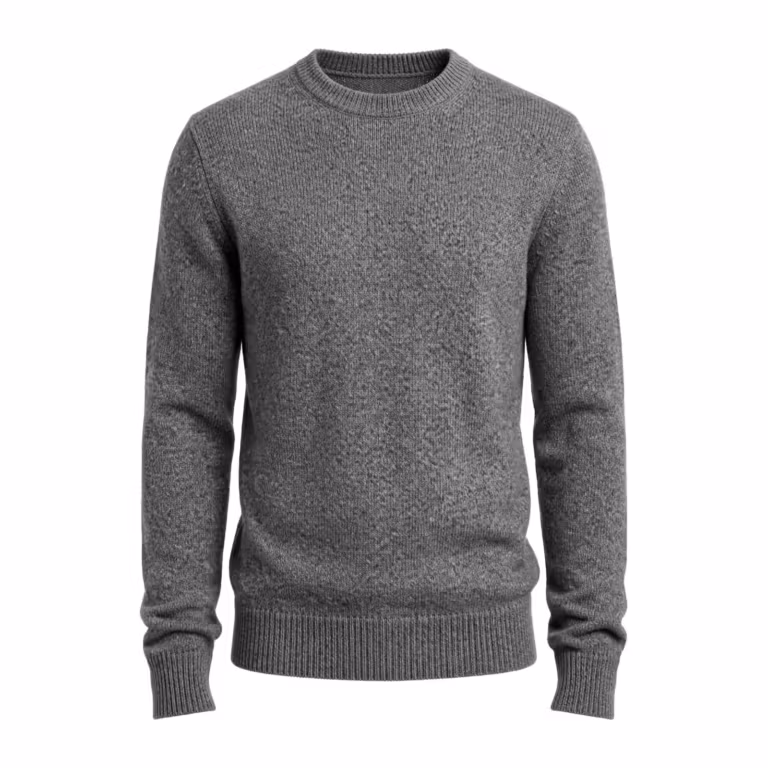 Men's crew neck sweater in heathered grey marl knitted yarn, full front view with a ribbed neckband, set-in sleeves, ribbed cuffs and a ribbed hem knitted into the garment