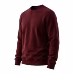 Men's crew neck sweatshirt in burgundy brushed fleece, three-quarter front view with a ribbed crew neck collar, a stitched V insert at the front neck, set-in sleeves, ribbed cuffs and a ribbed hem band