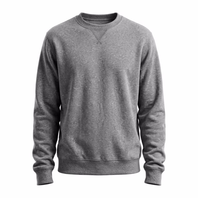Men's crew neck sweatshirt in grey marl brushed fleece, full front view with a ribbed crew neck collar, a stitched V insert at the front neck, set-in sleeves, ribbed cuffs and a ribbed hem band