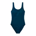 Ladies one-piece swimsuit in deep teal nylon-elastane swim knit, flat lay front view with scoop neckline, wide straps and covered elastic leg openings