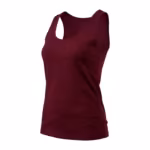 Ladies tank top in burgundy cotton-modal jersey, three-quarter view with scoop neck and bound armholes