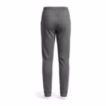 Men's smooth knit track pants in grey marl interlock, back view with a curved back yoke seam, a plain seat, tapered legs and plain open hems