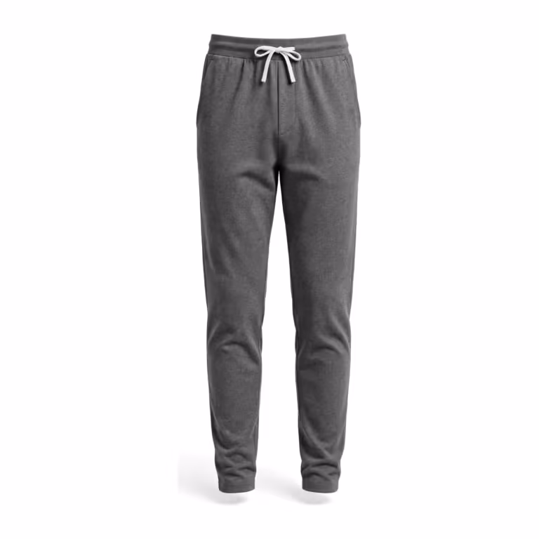 Men's smooth knit track pants in grey marl interlock, full front view with an elastic waistband, white flat drawcord, two slanted side pockets, a tapered leg and plain open hems