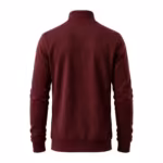 Back view of the burgundy tricot tracksuit jacket, one plain back panel with no zip or print, the ribbed stand collar seen from behind, ribbed cuffs and a ribbed hem band