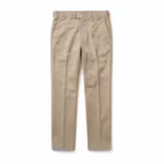 Men's flat-front dress trousers in stone beige cotton twill, full front view with slanted pockets, hook-and-bar waistband, belt loops and a pressed crease down each leg