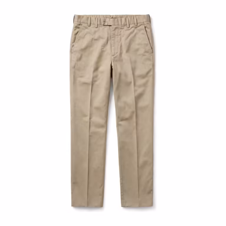 Men's flat-front dress trousers in stone beige cotton twill, full front view with slanted pockets, hook-and-bar waistband, belt loops and a pressed crease down each leg