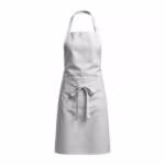 White tapered bib apron in poly-cotton, full front view with adjustable neck strap, wide divided front pocket and long waist ties knotted in a bow at the front