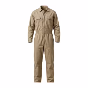 Men's one-piece work coverall in khaki cotton twill, full front view with stand collar, concealed two-way zip under a snap storm flap, two chest pockets with flaps and elastic waist sections