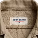 Close-up of the inside back neck of the work coverall showing the cream woven YOUR BRAND label with navy lettering, a red rule line and the size M mark, stitched into the collar band