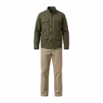 Olive green cotton twill work jacket with zip front, stand collar and four flap pockets over khaki flat-front work trousers, full front view of the coordinated own-label workwear set