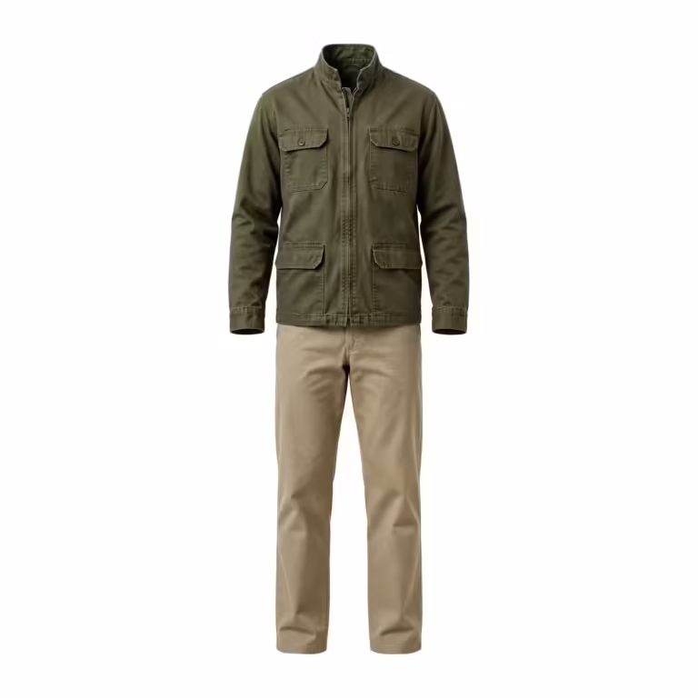 Olive green cotton twill work jacket with zip front, stand collar and four flap pockets over khaki flat-front work trousers, full front view of the coordinated own-label workwear set