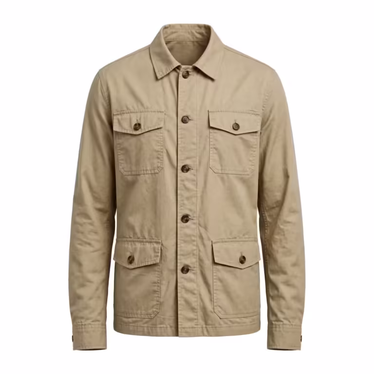 Men's woven jacket in khaki cotton poplin, full front view with shirt collar, button front, two chest flap pockets and two lower patch pockets