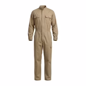 Men's zip front cotton coveralls in khaki, front view with covered metal zip
